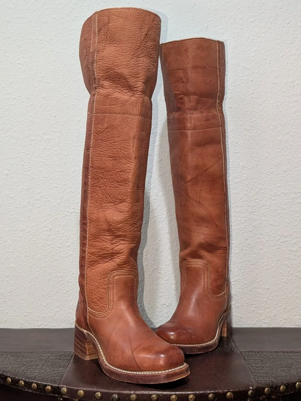 Vintage Frye Made in USA Over The Knee Leather Boots Cognac Brown Size 5.5M